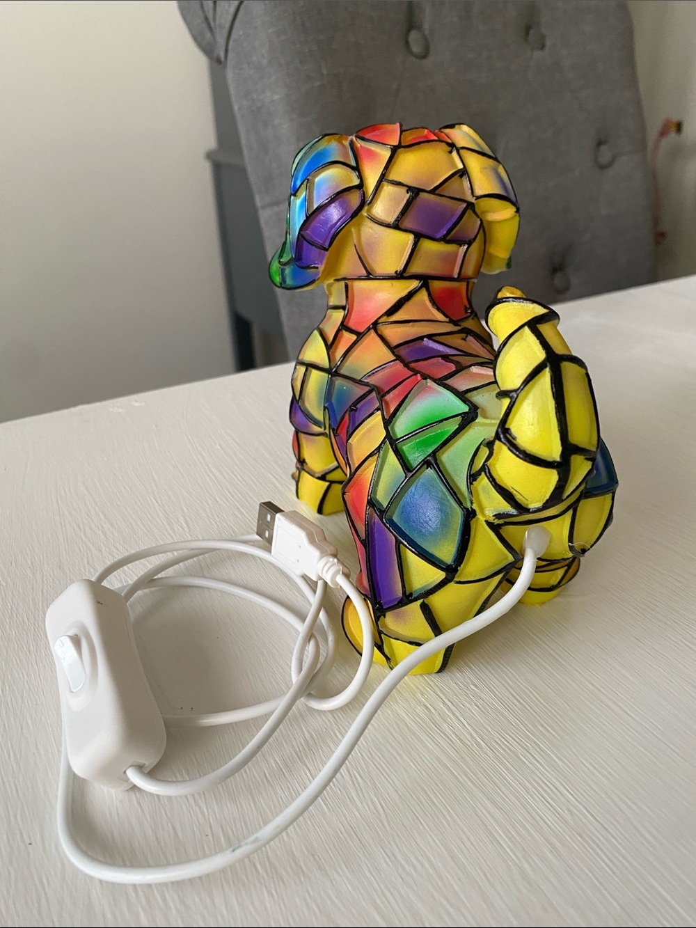 Tiffany Style Lamp Colorful Mosaic Dog Figurine LED Light, USB - Picture 4 of 11